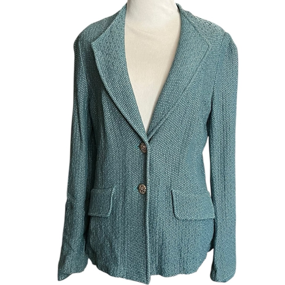 Vintage St. John Knit Blazer Teal Santana Style Gold Buttons USA Size 4